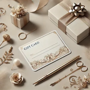 DALL·E 2024-11-04 14.22.30 - A square image (4x4) depicting an elegant, luxurious setting for personalizing a gift card. A beautiful gift card with refined details lies on a smoot