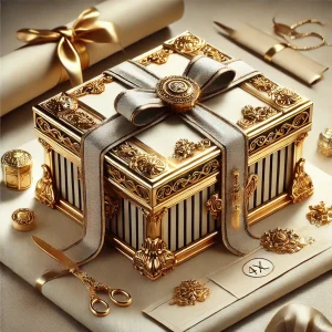 DALL·E 2024-11-04 14.26.29 - A square image (4x4) capturing the luxurious and privileged delivery of an exclusive product. A beautifully crafted treasure chest with golden details