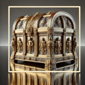 DALL·E 2024-11-04 14.29.14 - A square image (4x4) showcasing a masterpiece inspired by medieval royalty. A luxurious treasure chest with intricate golden details, reflecting the e